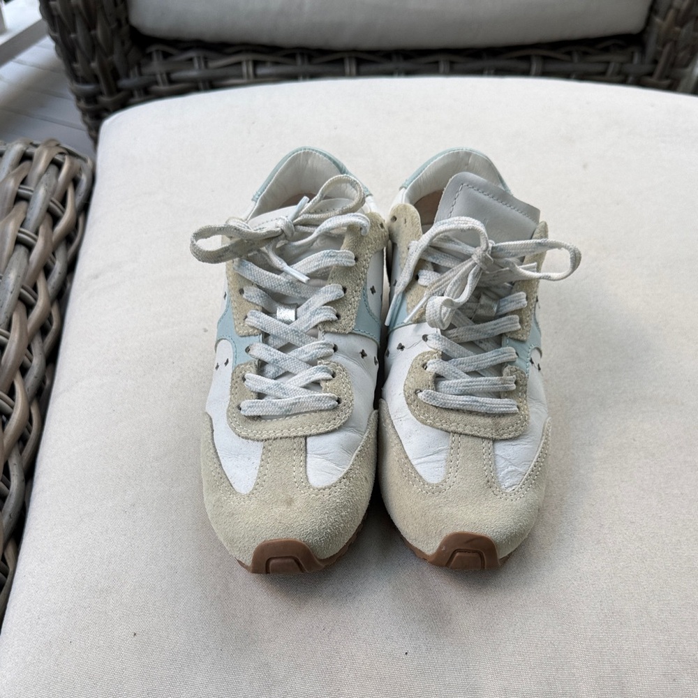 Larroude Beige White Light Blue Suede & Leather Retro Sneakers